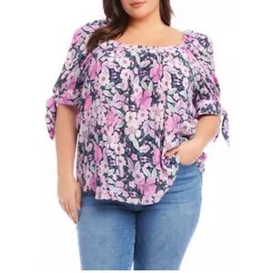 NWT Karen Kane Plus square neck top blouse on off shoulder tie cuffs pink floral